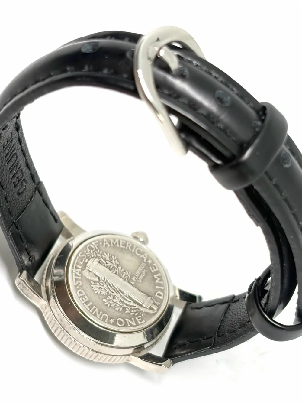 Vintage WORKING Mercury Silver Dime Ladies Quartz Wrist Watch Leather Strap